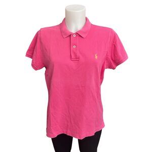 Ralph Lauren The Skinny Polo‎ Pink Collared Shirt Yellow Logo Cotton Sz XL